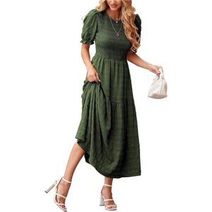dowerme Women Summer Dresses 2025 Casual Puff Short Sleeve Crewneck Smocked